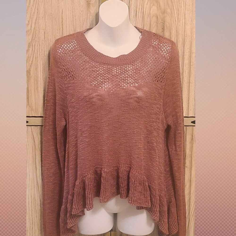 True Craft Dusty Rose Pink Open Knit Sweater – Size Large – Feminine Ruffle Hem